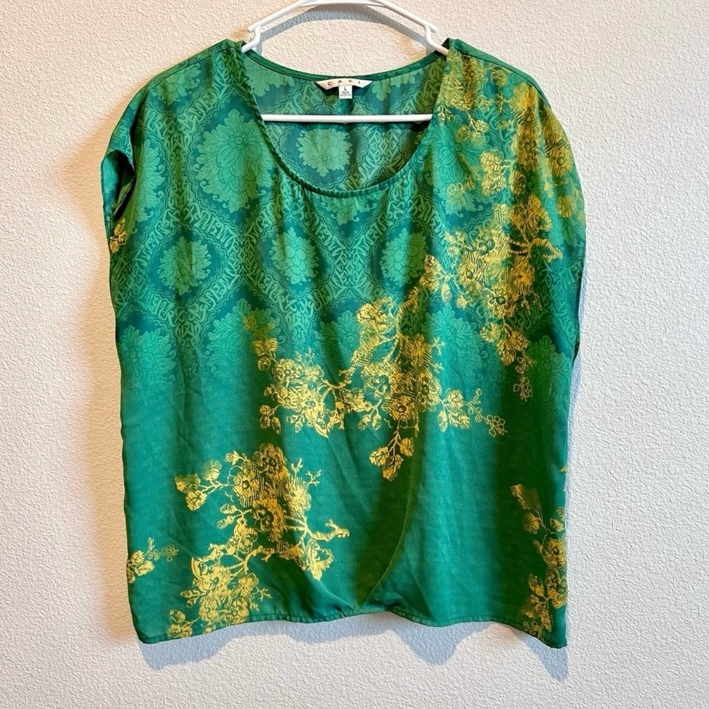 CAbi Envy Green and Yellow Chiffon Blouse